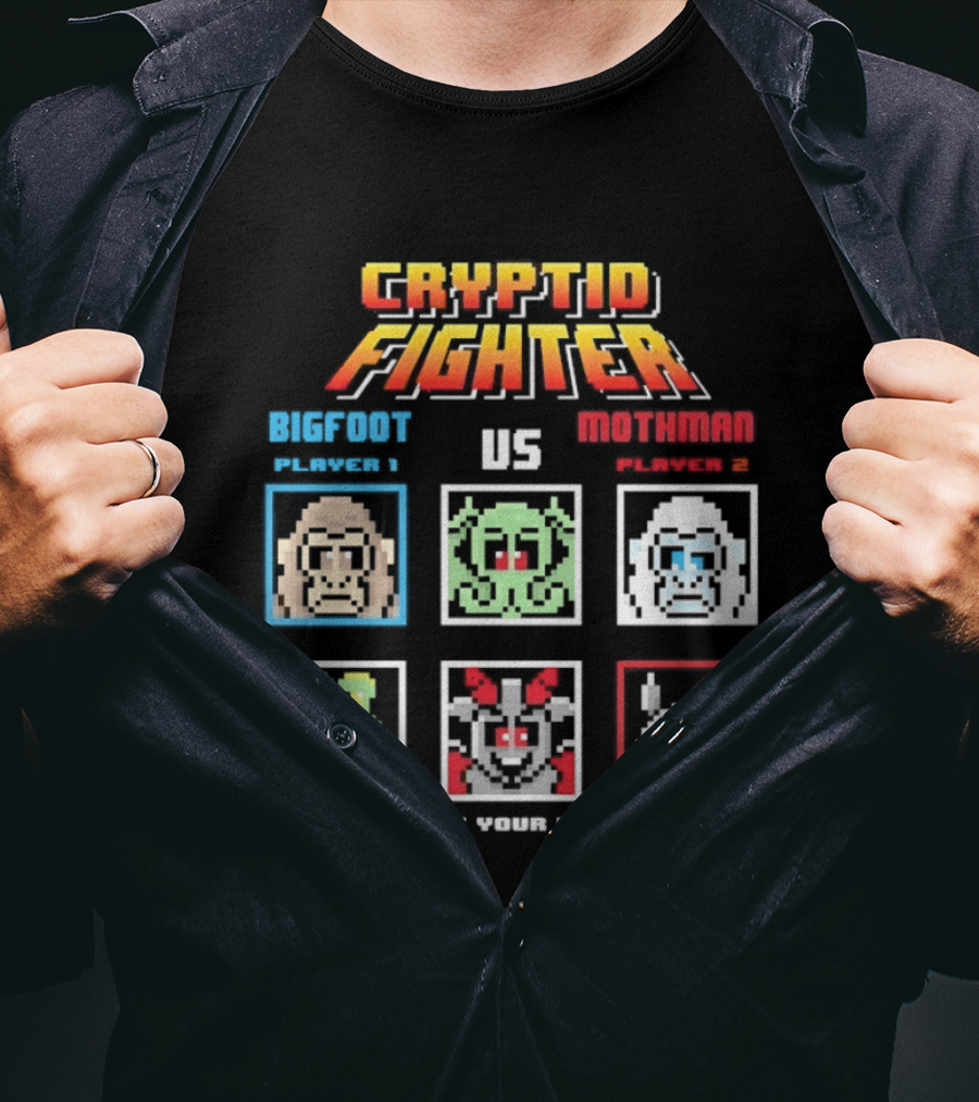 Cryptid Fighter Bigfoot Player 1 Vs Mothman Player 2 Select Your Player T-Shirt
