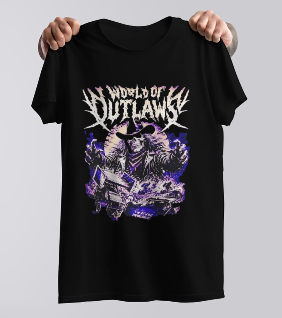 World Of Outlaws Skeleton Cowboy With Sprint Car Racing T-Shirt