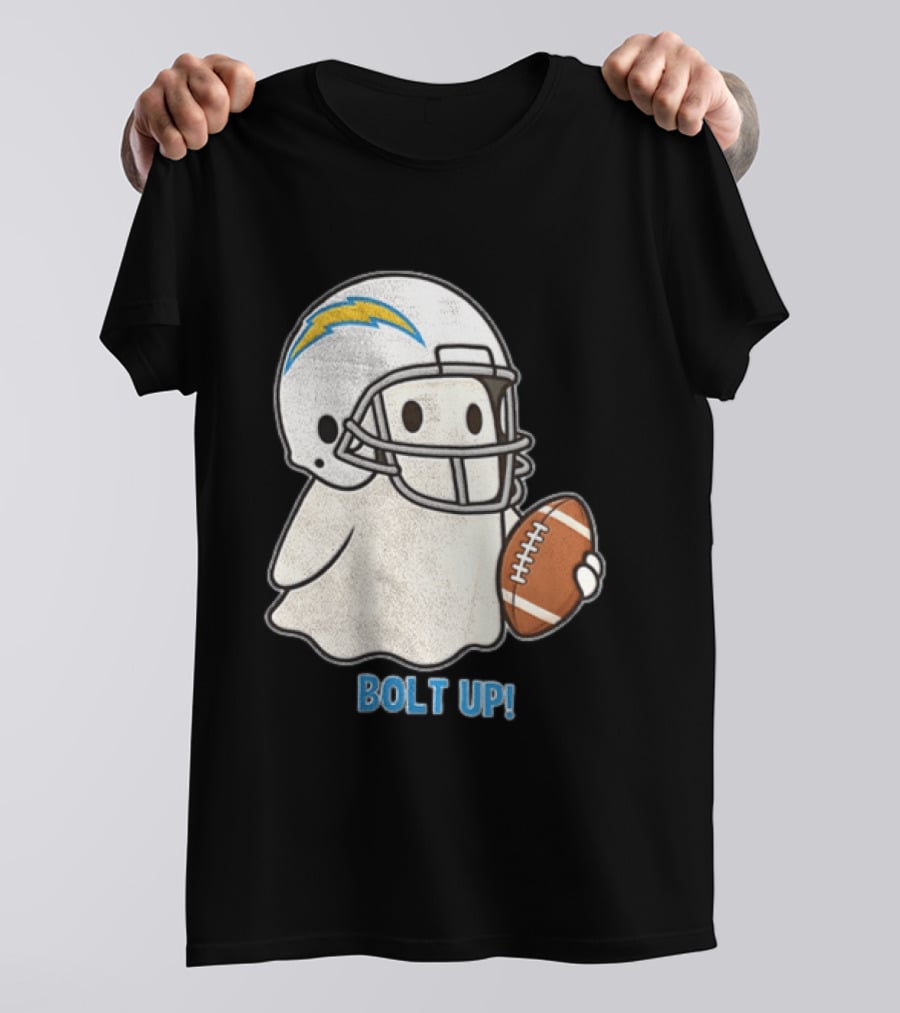 Los Angeles Chargers Bolt Up Ghost Football Helmet Holding Ball T-Shirt