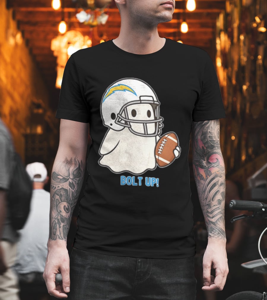 Los Angeles Chargers Bolt Up Ghost Football Helmet Holding Ball T-Shirt