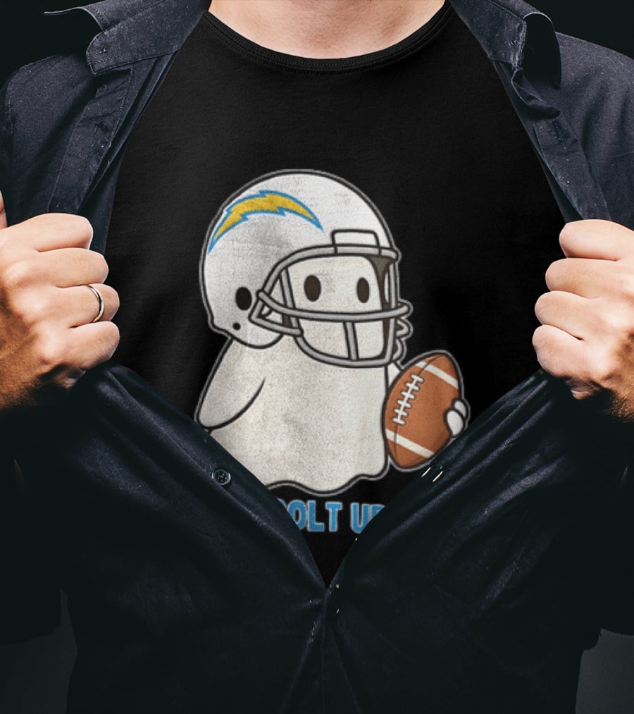 Los Angeles Chargers Bolt Up Ghost Football Helmet Holding Ball T-Shirt