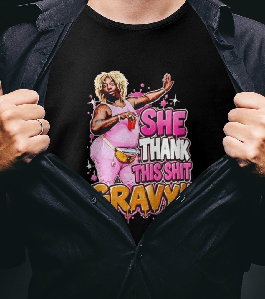 Yung Gravy She Thank This Shit Gravy Rapper Pink Outfit Drink Pose T-Shirt