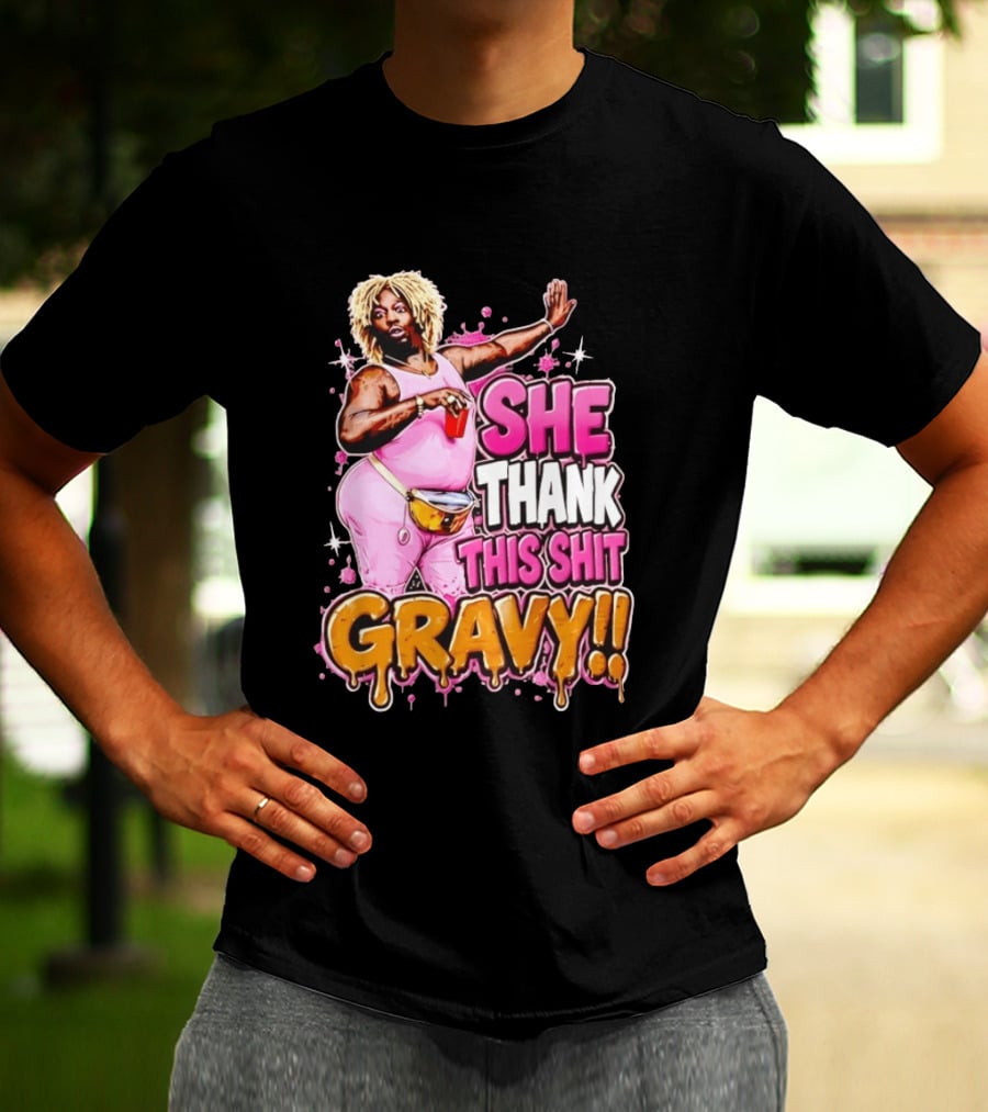 Yung Gravy She Thank This Shit Gravy Rapper Pink Outfit Drink Pose T-Shirt