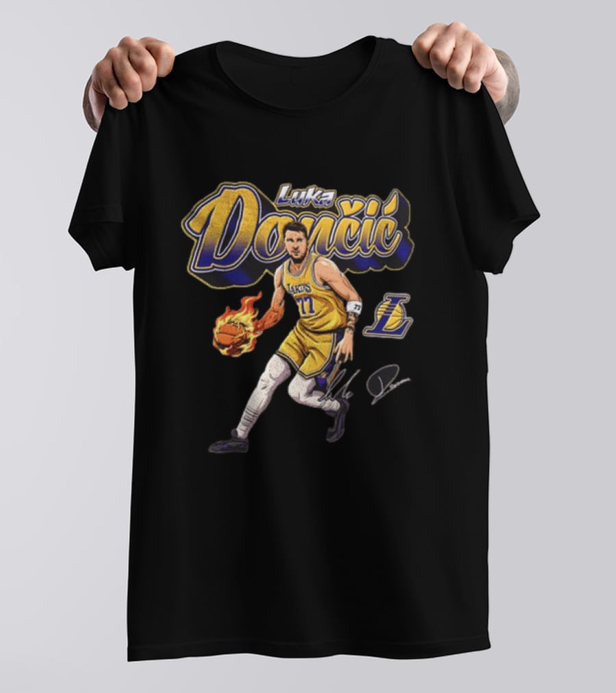 Luka Dončić Los Angeles Lakers Flaming Basketball Dribble NBA Player T-Shirt