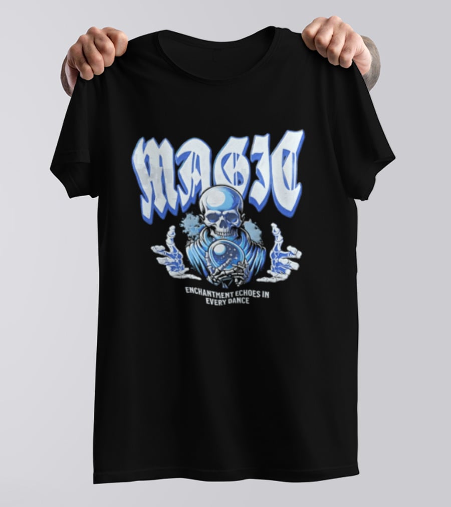 Magic Enchantment Echoes Skeleton Holding Glowing Crystal Ball T-Shirt