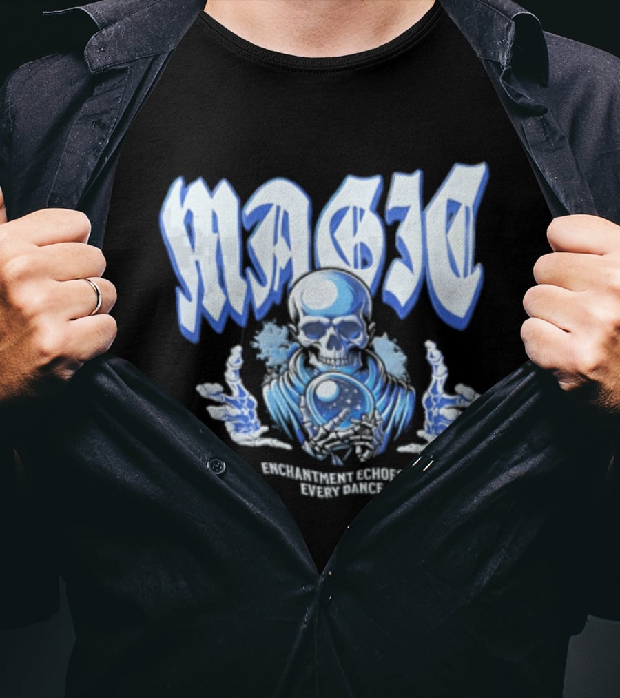Magic Enchantment Echoes Skeleton Holding Glowing Crystal Ball T-Shirt