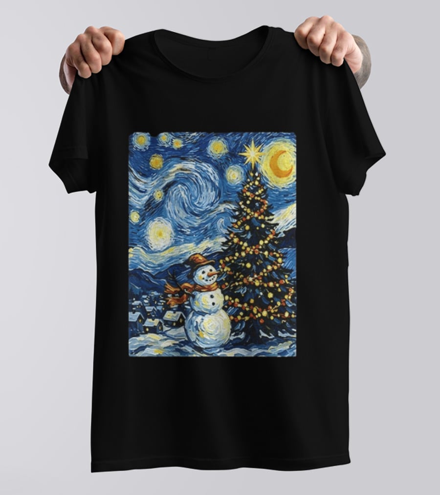 Starry Snowman Christmas Night With Tree And Sky T-Shirt
