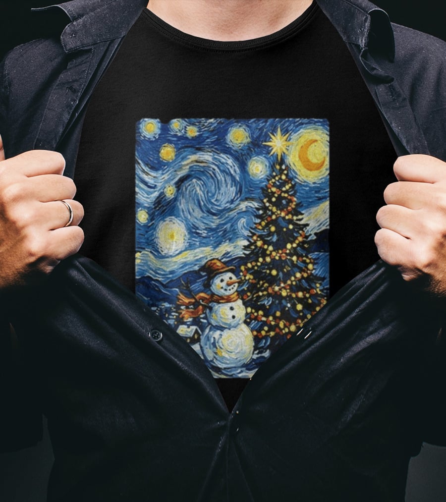 Starry Snowman Christmas Night With Tree And Sky T-Shirt
