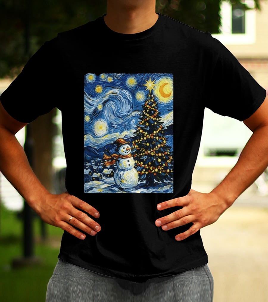 Starry Snowman Christmas Night With Tree And Sky T-Shirt