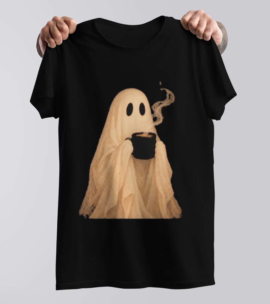 Ghost Spooky Coffee Bar Halloween Cozy Ghost Holding Coffee Steam T-Shirt