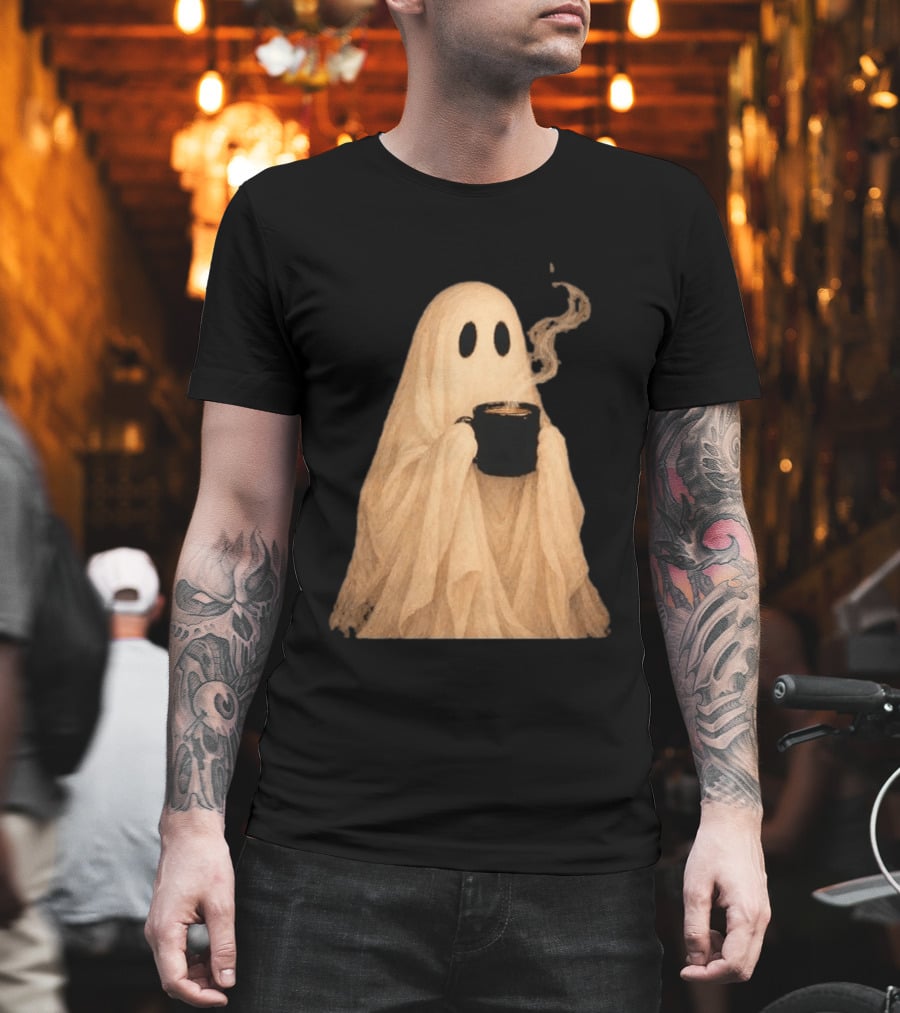 Ghost Spooky Coffee Bar Halloween Cozy Ghost Holding Coffee Steam T-Shirt