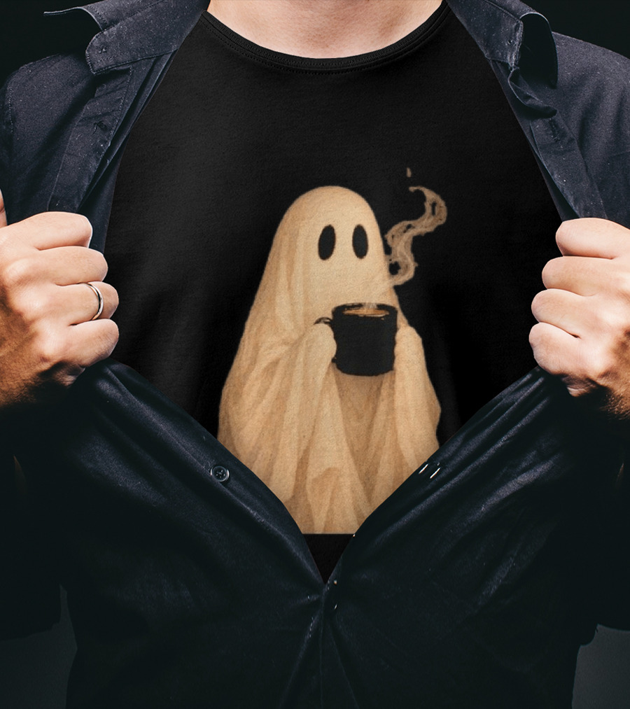 Ghost Spooky Coffee Bar Halloween Cozy Ghost Holding Coffee Steam T-Shirt