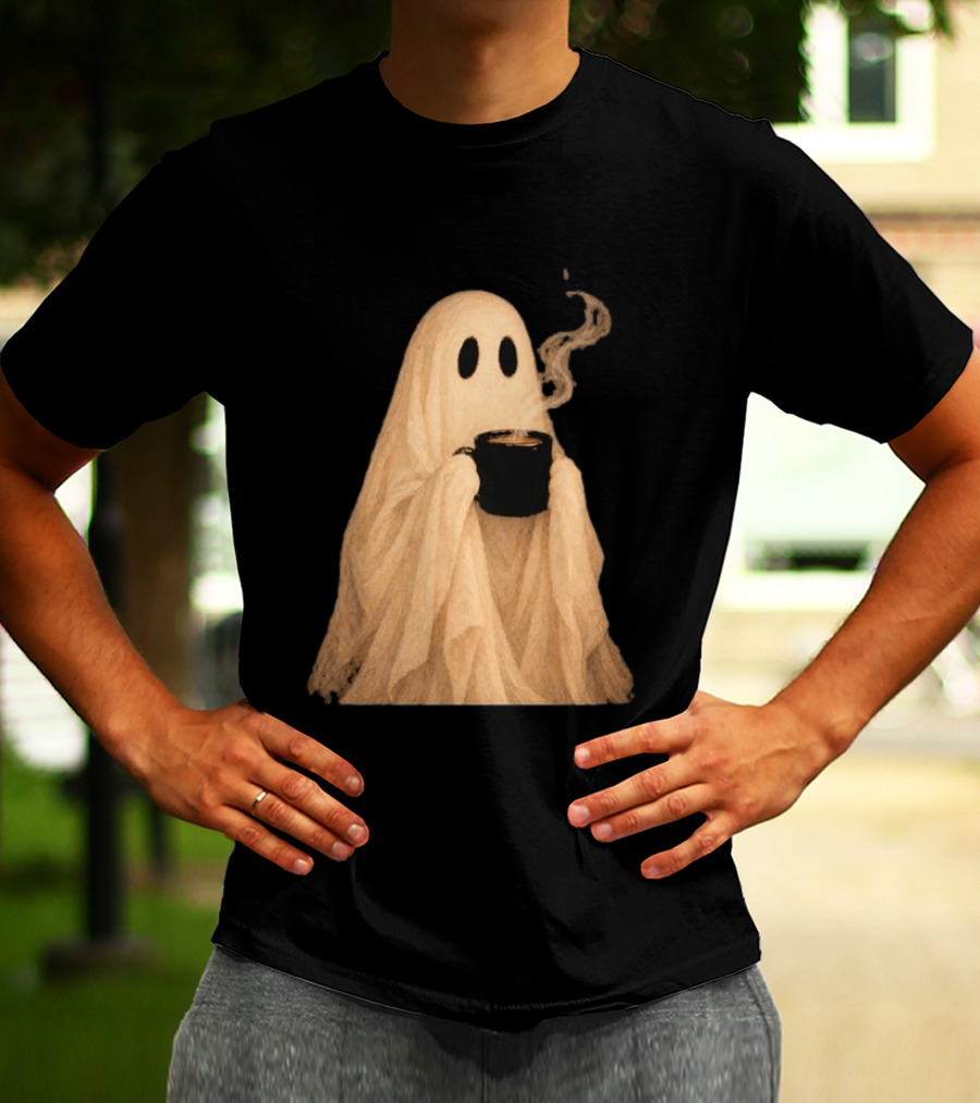 Ghost Spooky Coffee Bar Halloween Cozy Ghost Holding Coffee Steam T-Shirt