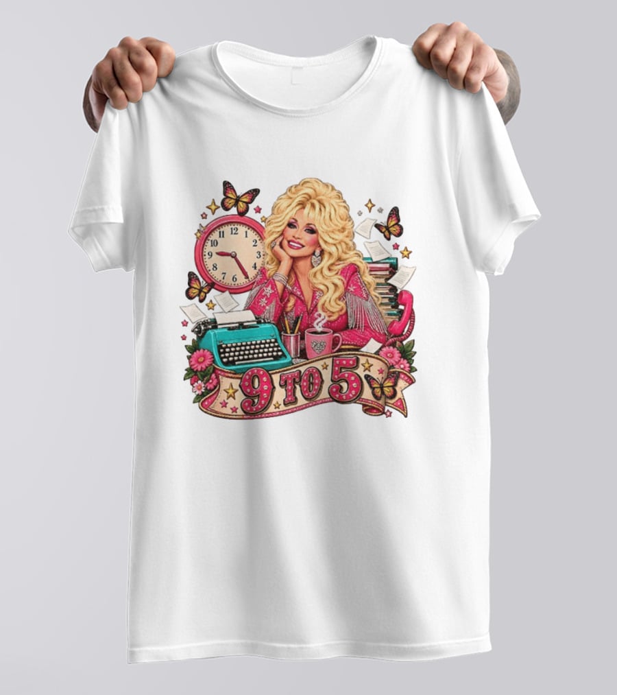 9 To 5 Dolly Parton Music Western Cowgirl Icon With Butterflies And Typewriter T-Shirt
