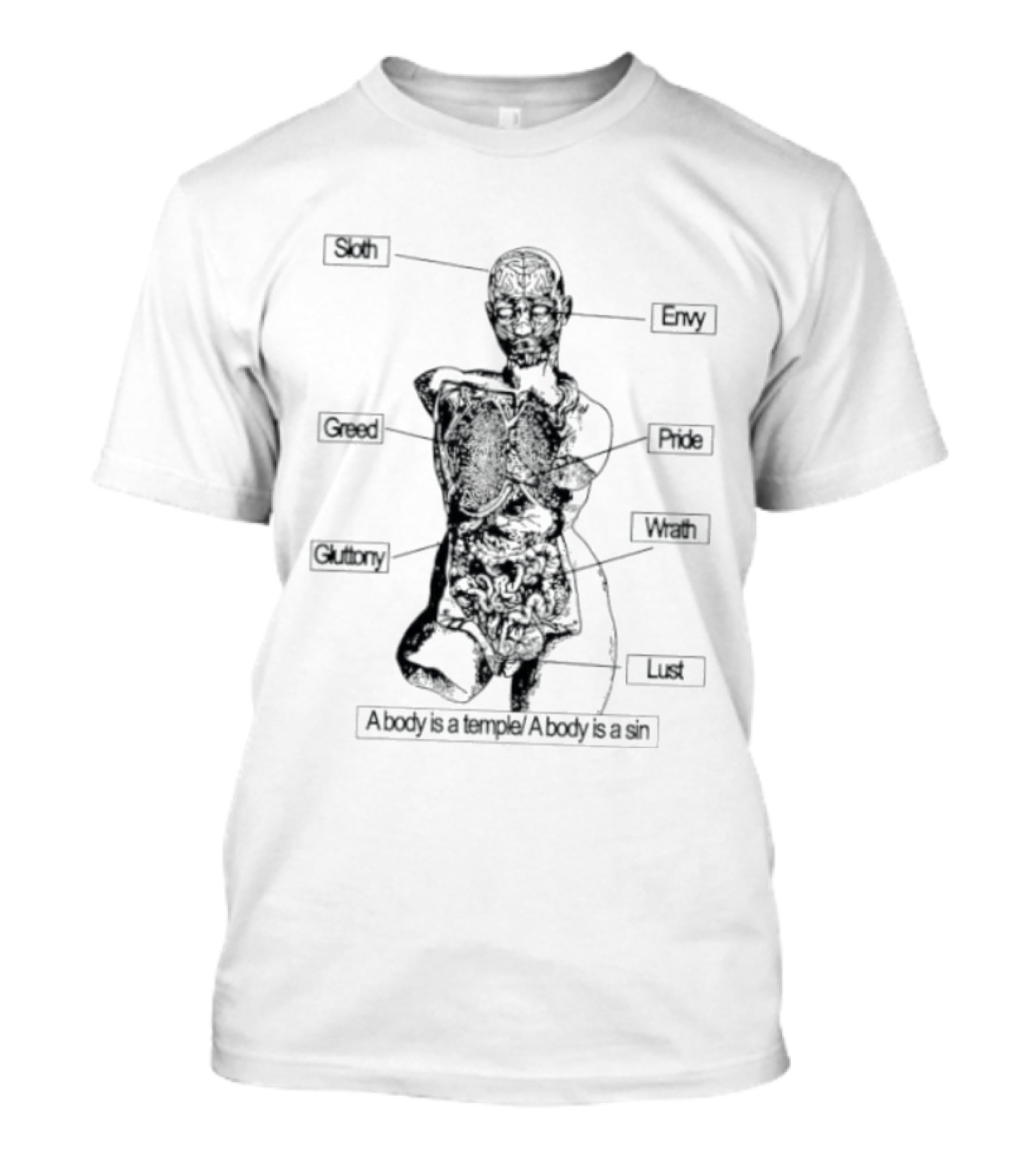 Seven Deadly Sins Anatomy Greed Envy Pride Wrath Lust Gluttony Sloth A Body Is A Temple A Body Is A Sin T-Shirt