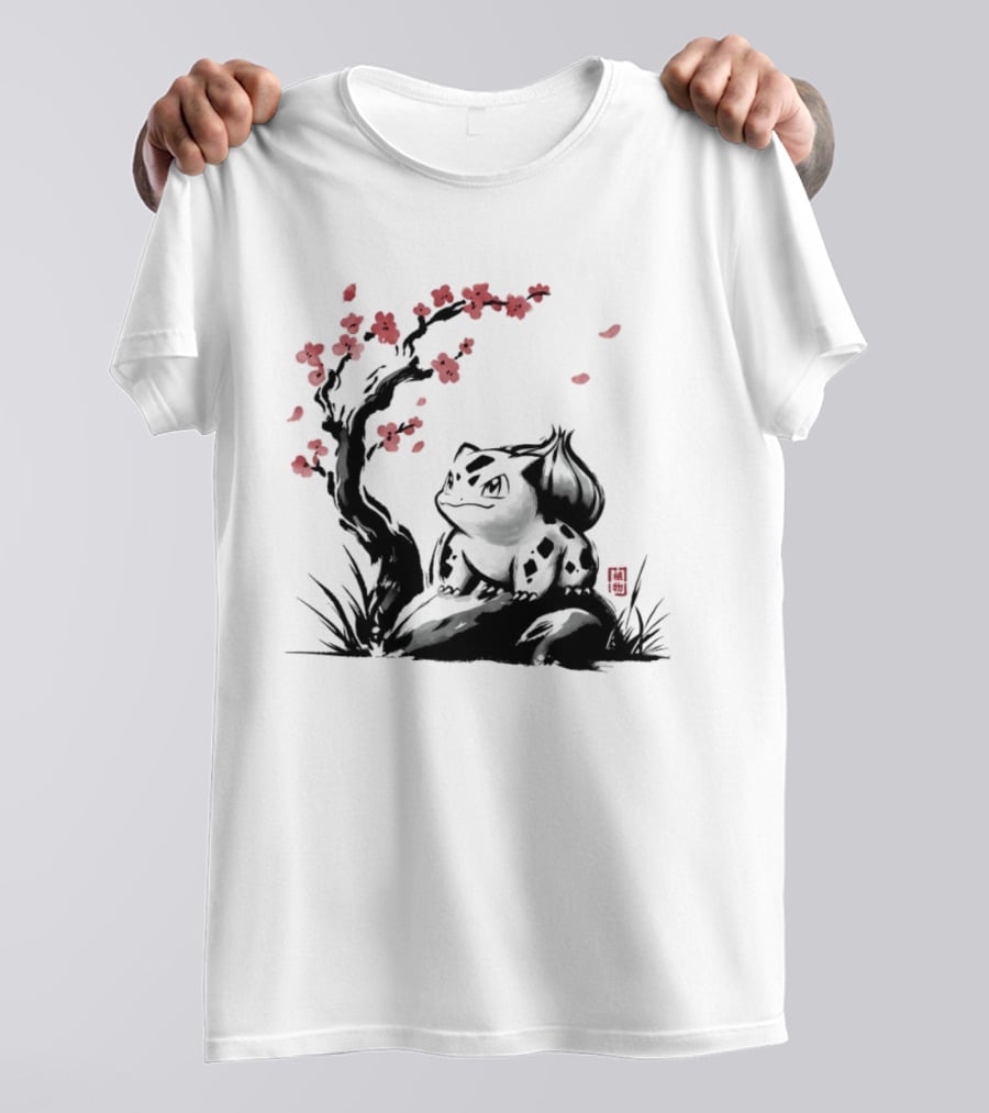 Bulbasaur Sumi E Ink Wash Painting With Cherry Blossom Pokemon T-Shirt