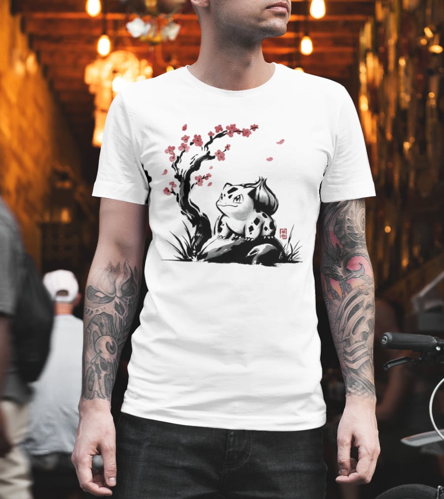 Bulbasaur Sumi E Ink Wash Painting With Cherry Blossom Pokemon T-Shirt