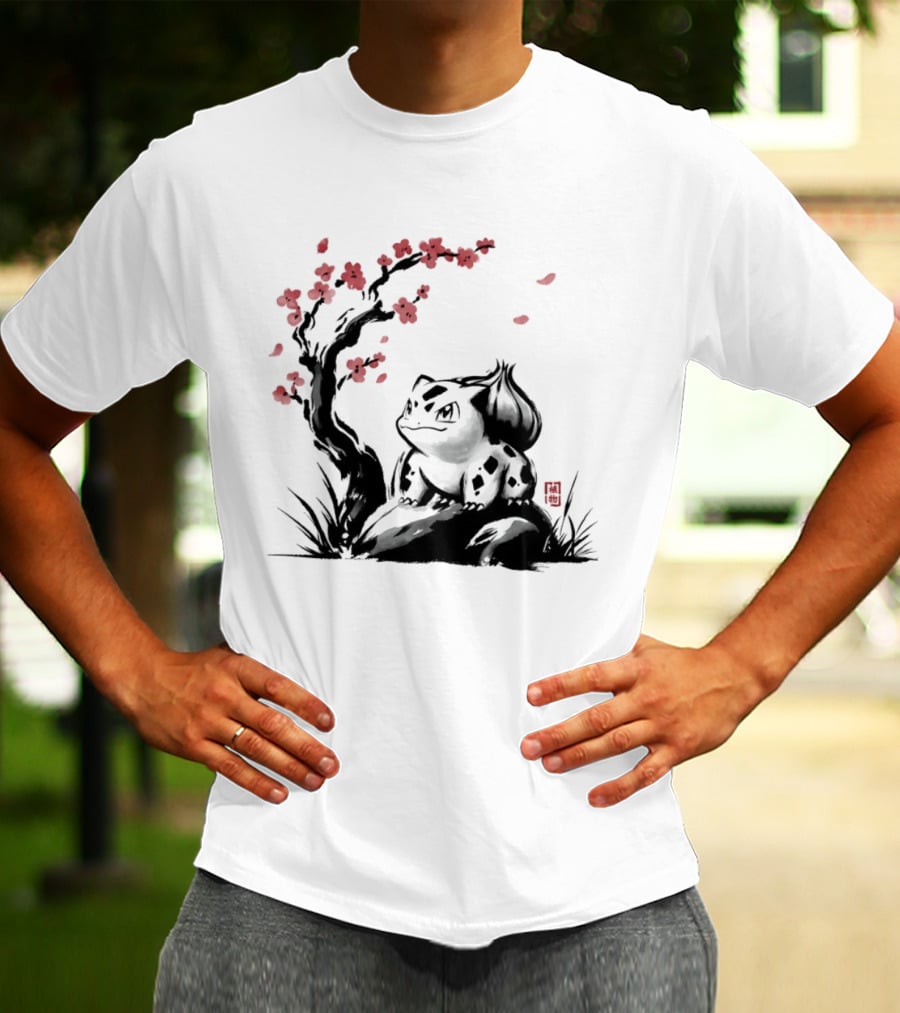 Bulbasaur Sumi E Ink Wash Painting With Cherry Blossom Pokemon T-Shirt