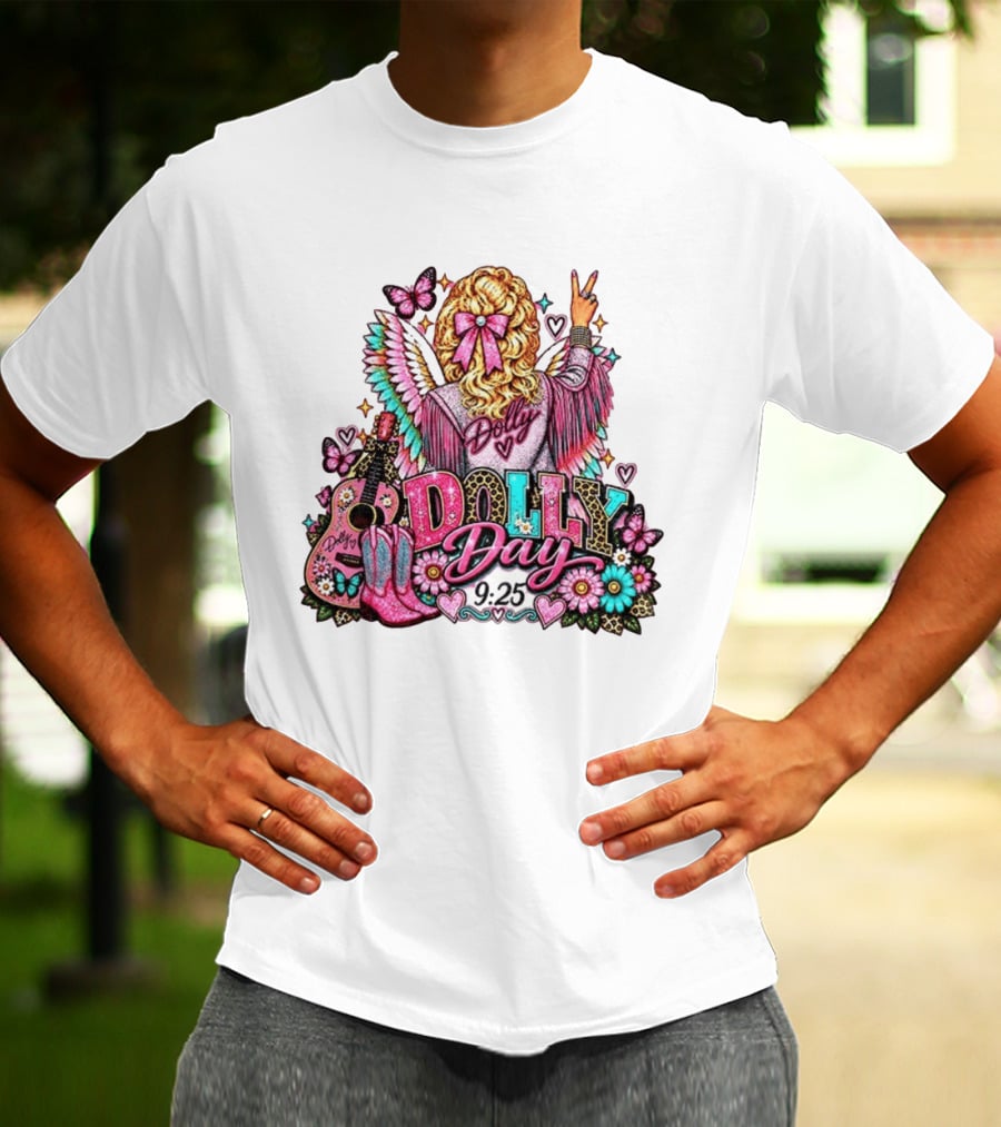 Dolly Day 9.25 Pink Cowgirl Boots Guitar Western Butterflies Hearts T-Shirt