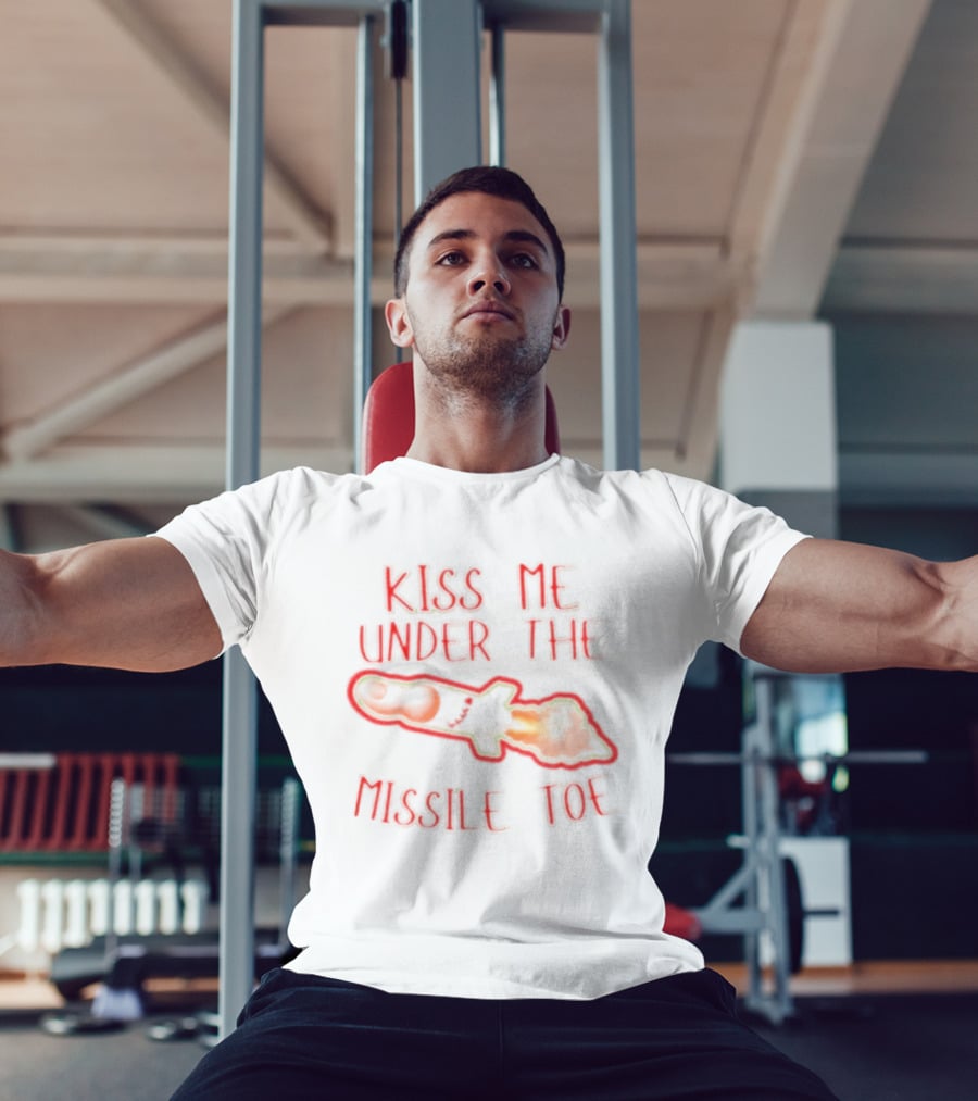 Kiss Me Under The Missile Toe Bold Text Playful Christmas Pun T-Shirt