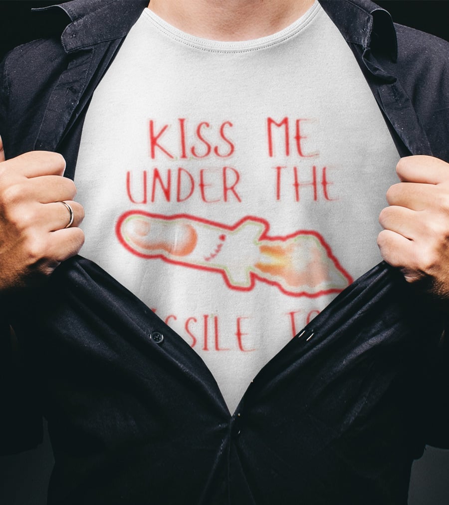 Kiss Me Under The Missile Toe Bold Text Playful Christmas Pun T-Shirt