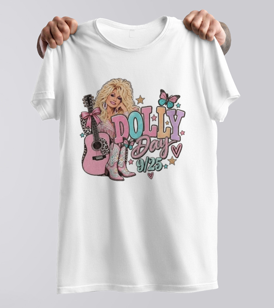 Dolly Day 9/25 Pink Butterfly Guitar Boots Stars T-Shirt