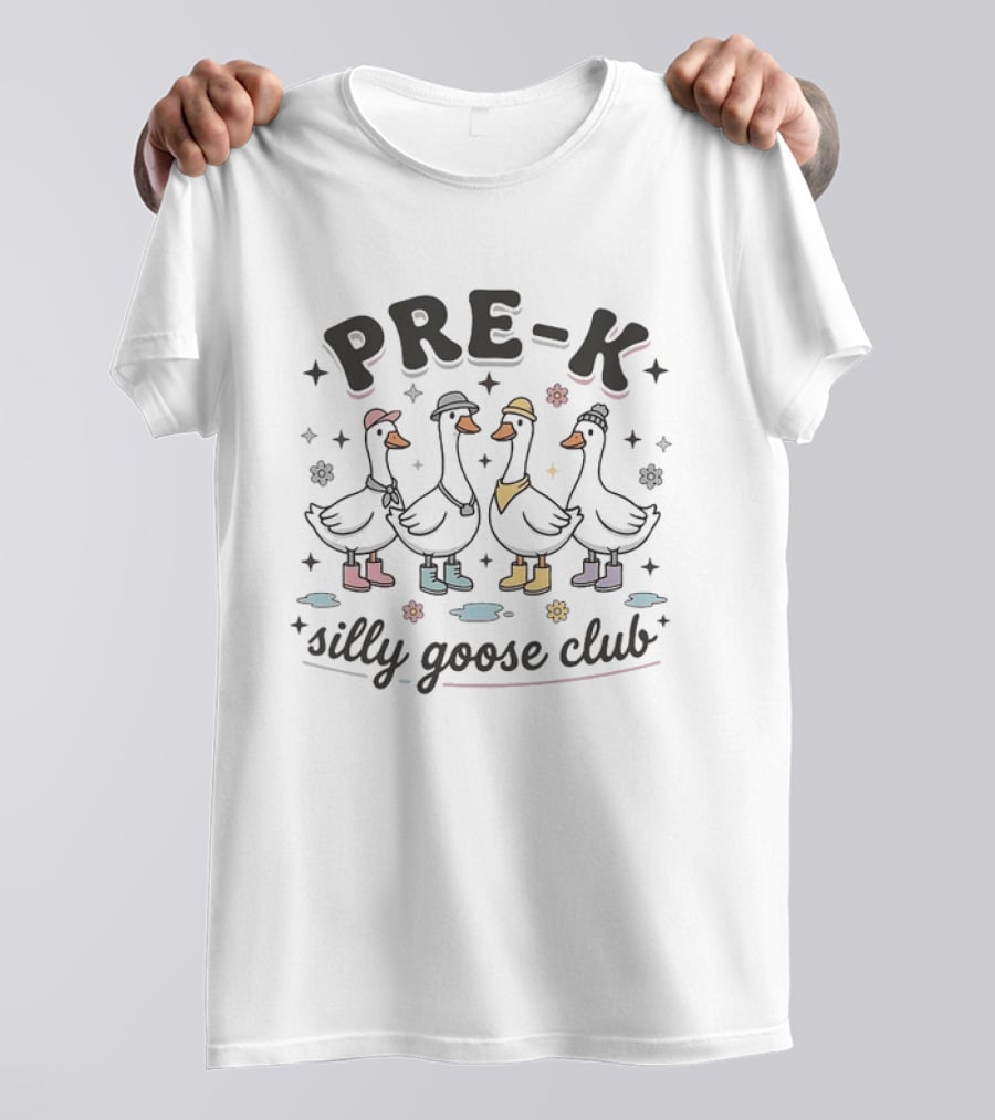 PRE K Silly Goose Club Back To School Ducks Boots Flowers Stars T-Shirt