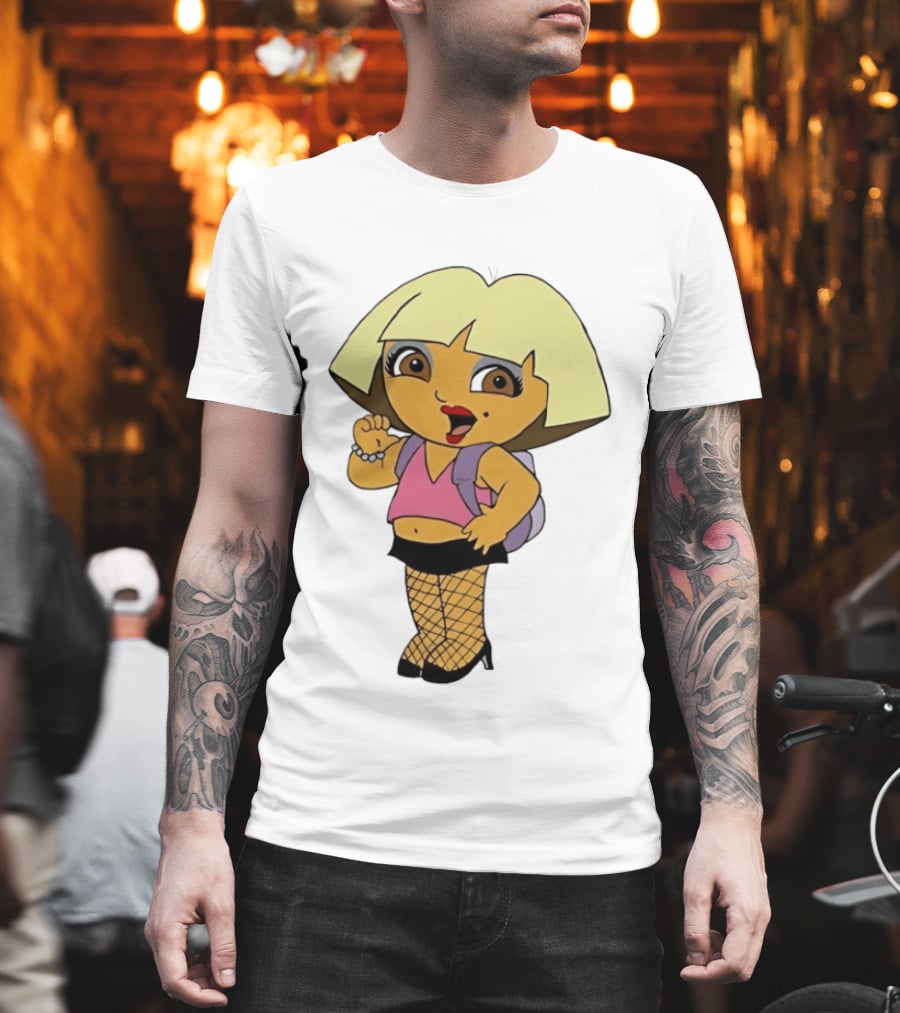 Explorer Parody Cartoon Mashup Pop Culture Icon With Backpack And Fishnets T-Shirt