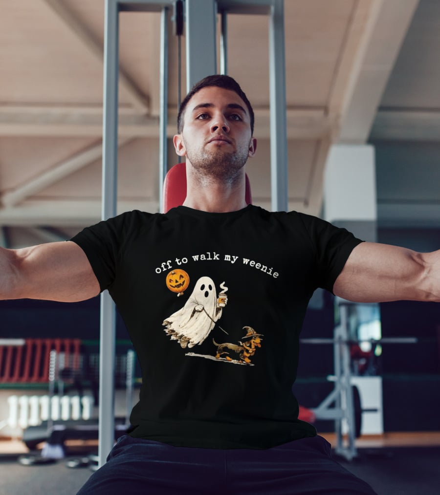 Ghost Walking With Pumpkin Balloon And Dachshund Halloween Fun T-Shirt