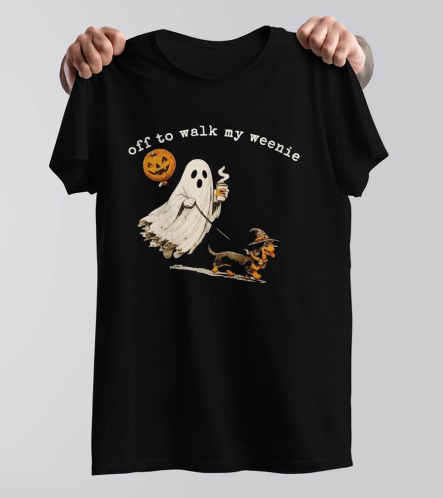 Ghost Walking With Pumpkin Balloon And Dachshund Halloween Fun T-Shirt