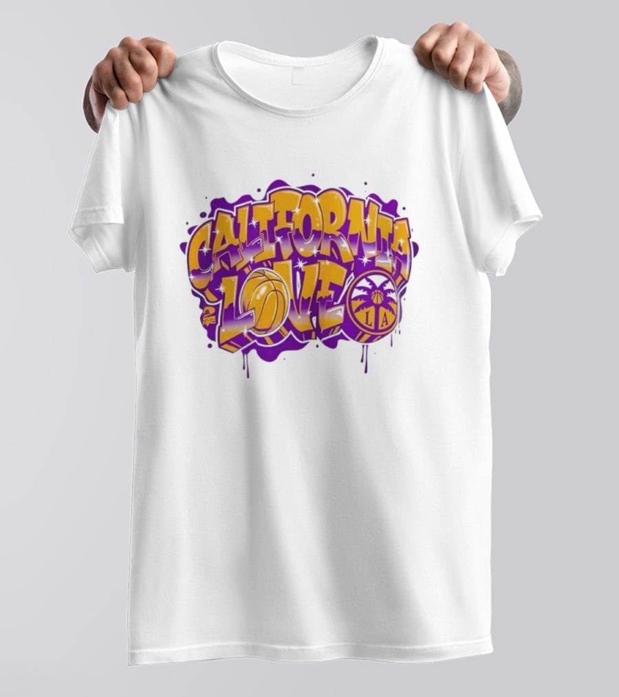 California Love Los Angeles Basketball LA Graffiti Style With Palm Trees And Purple Basketball T-Shirt