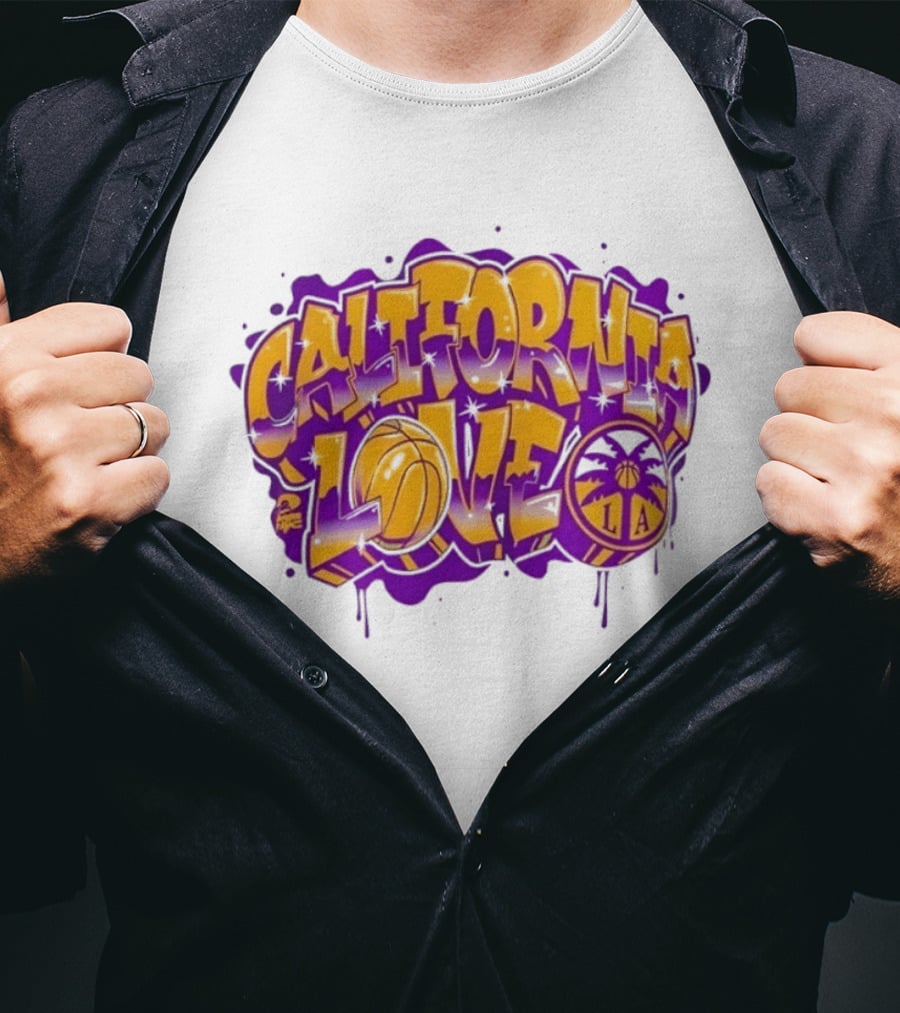 California Love Los Angeles Basketball LA Graffiti Style With Palm Trees And Purple Basketball T-Shirt