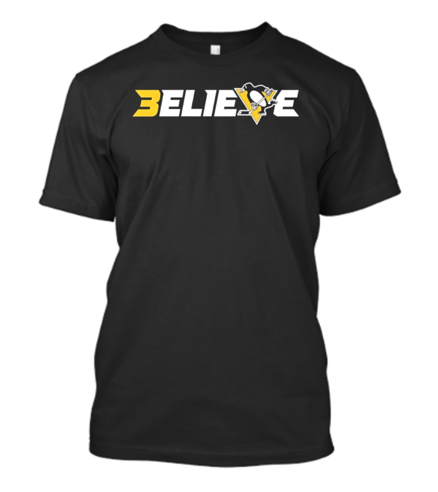 Pittsburgh Penguins Believe NHL Hockey Logo Triangular Yellow Black White Silhouette Iconic Team T-Shirt
