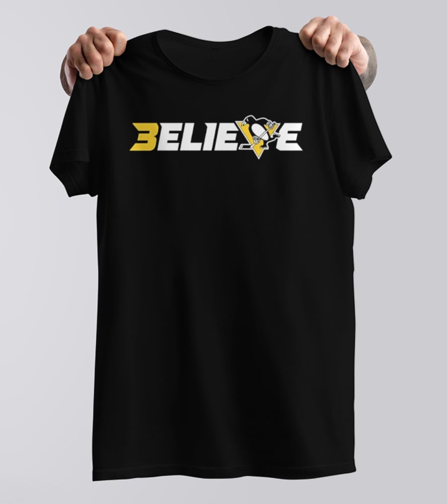 Pittsburgh Penguins Believe NHL Hockey Logo Triangular Yellow Black White Silhouette Iconic Team T-Shirt