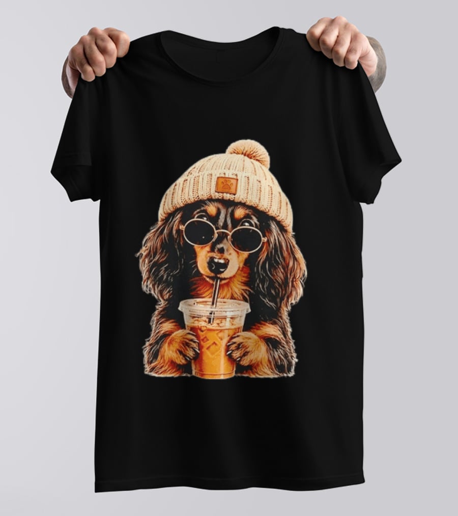 Dachshund Beanie Sunglasses Iced Coffee Trendy Dog Fashion T-Shirt