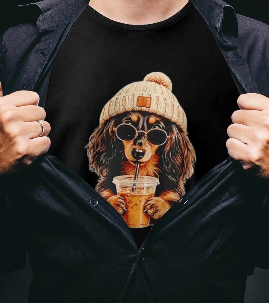 Dachshund Beanie Sunglasses Iced Coffee Trendy Dog Fashion T-Shirt