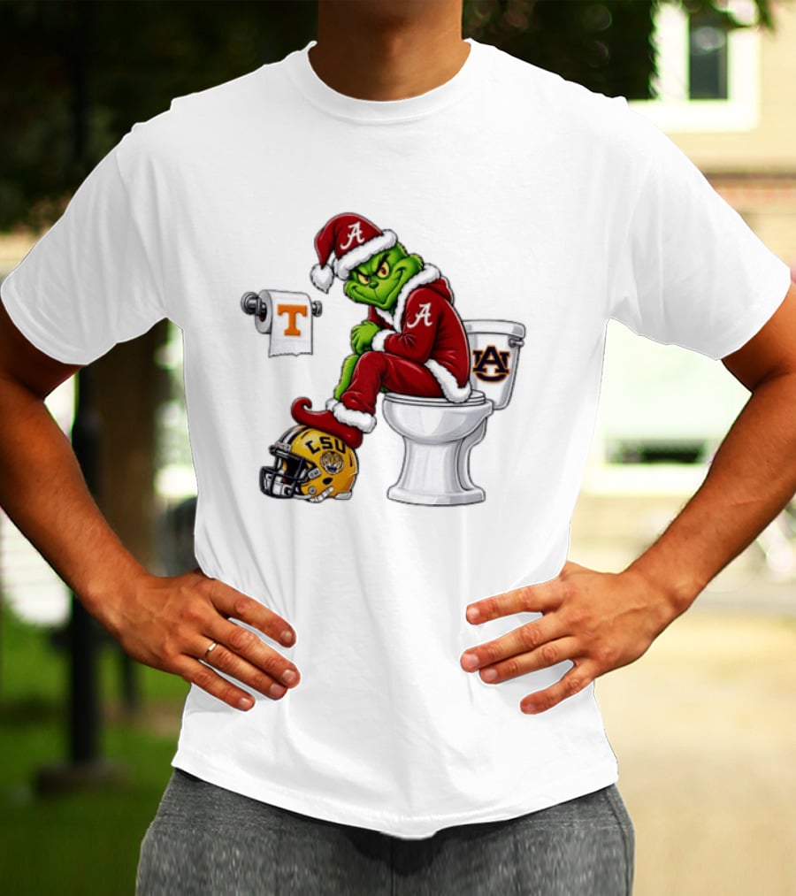 Alabama Crimson Tide Santa Grinch Sitting Auburn Toilet LSU Helmet Christmas T-Shirt