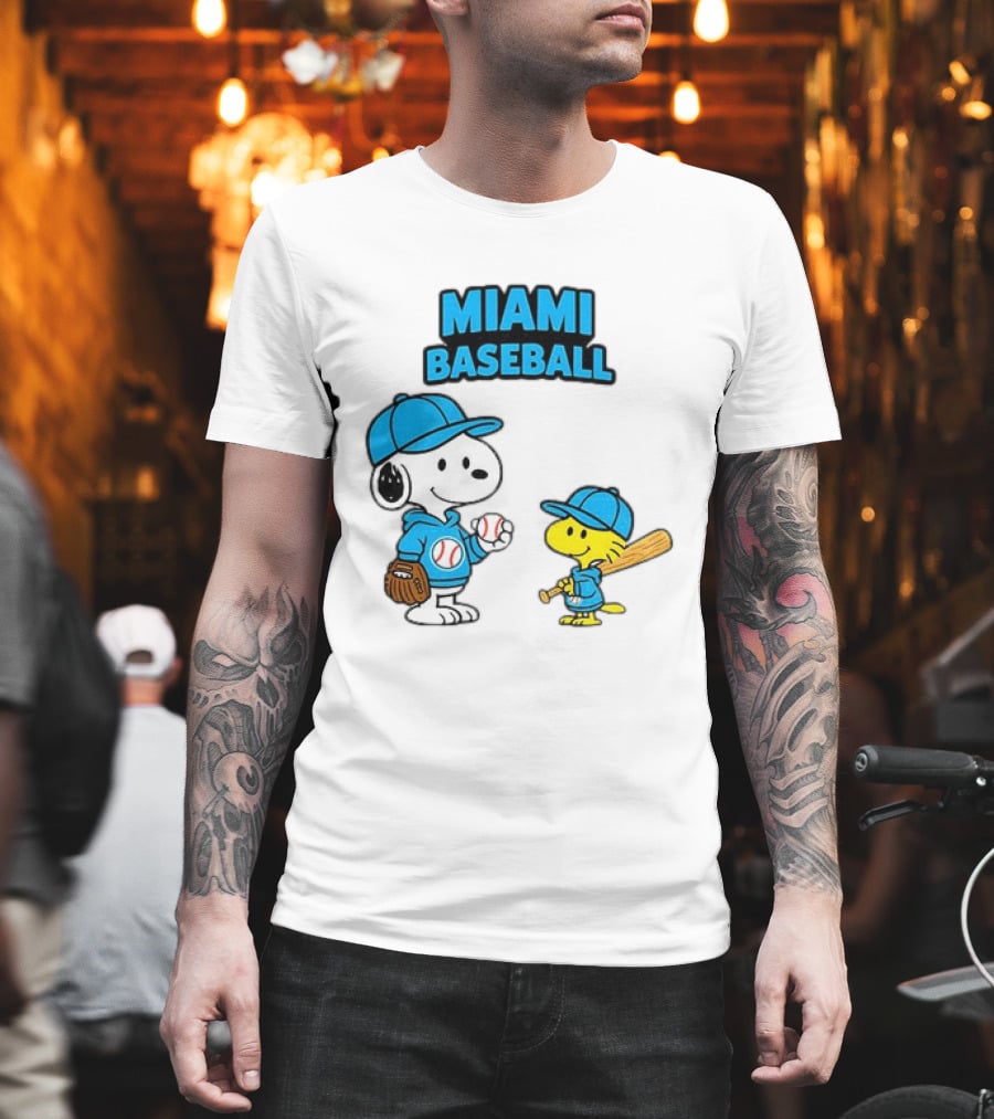Snoopy Woodstock Miami Baseball Peanuts Cartoon MLB T-Shirt