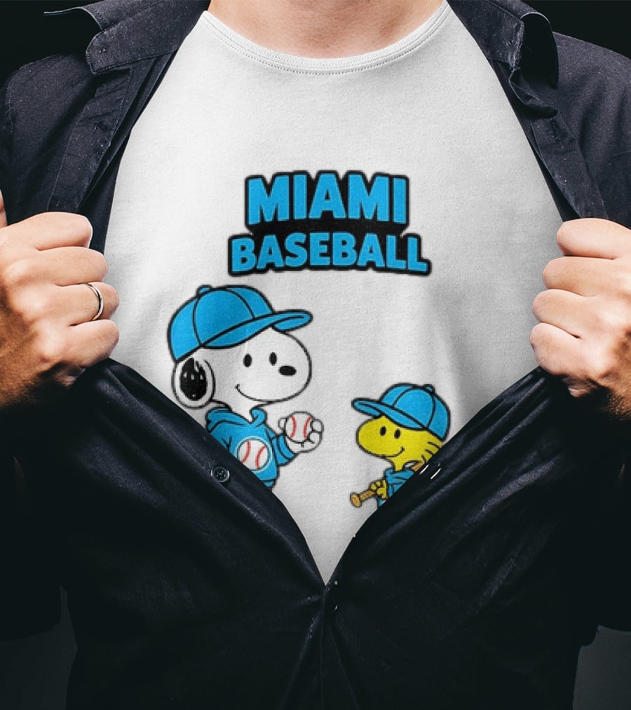 Snoopy Woodstock Miami Baseball Peanuts Cartoon MLB T-Shirt