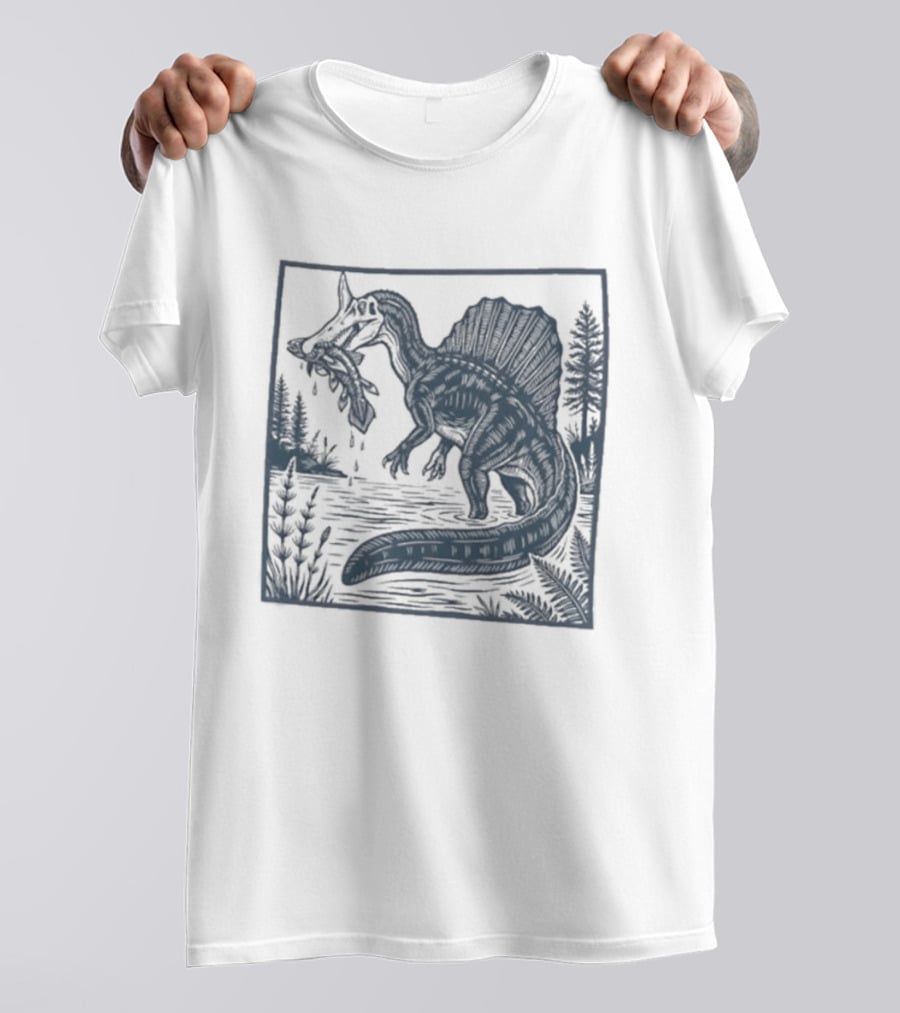 Spinosaurus Catching Fish With Forest T-Shirt