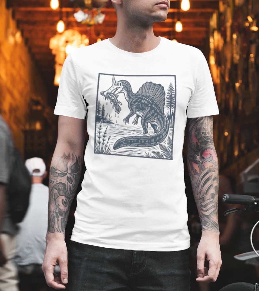 Spinosaurus Catching Fish With Forest T-Shirt