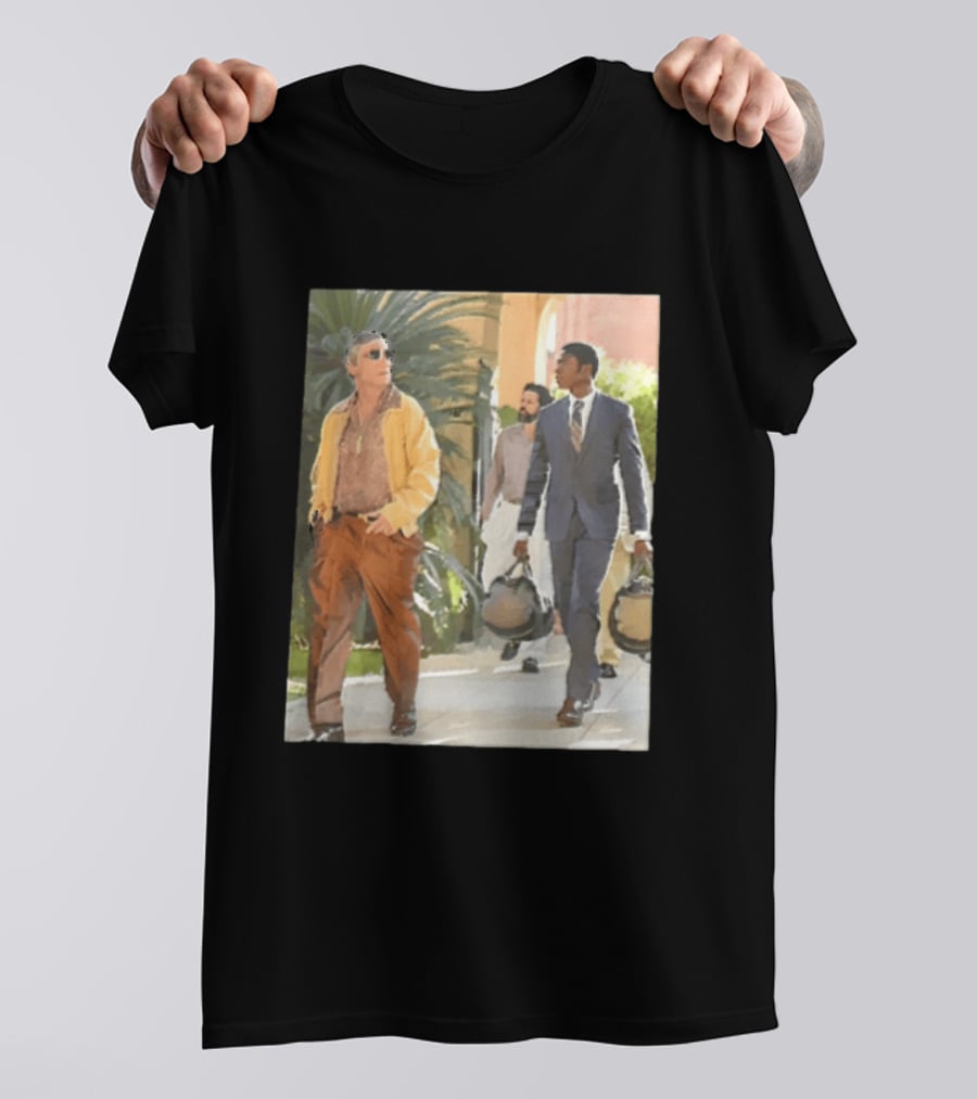 Men In Stylish Outfits Walking Outdoors With Bags T-Shirt