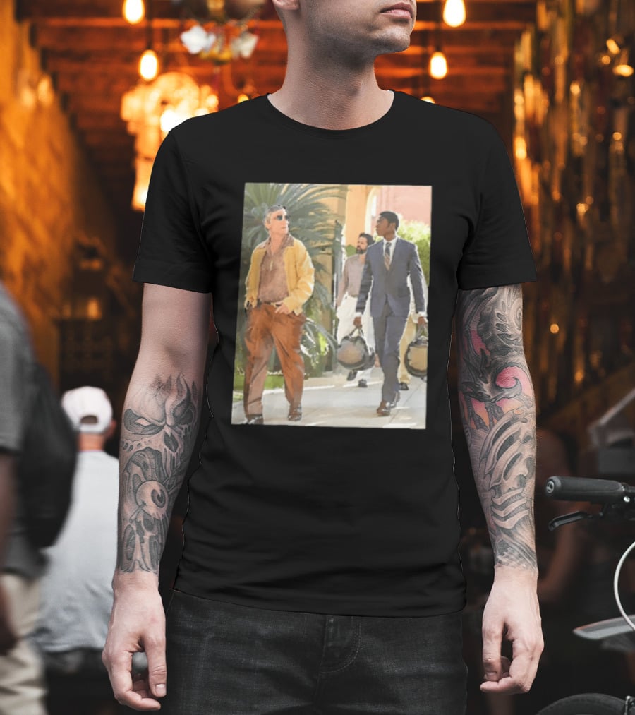 Men In Stylish Outfits Walking Outdoors With Bags T-Shirt