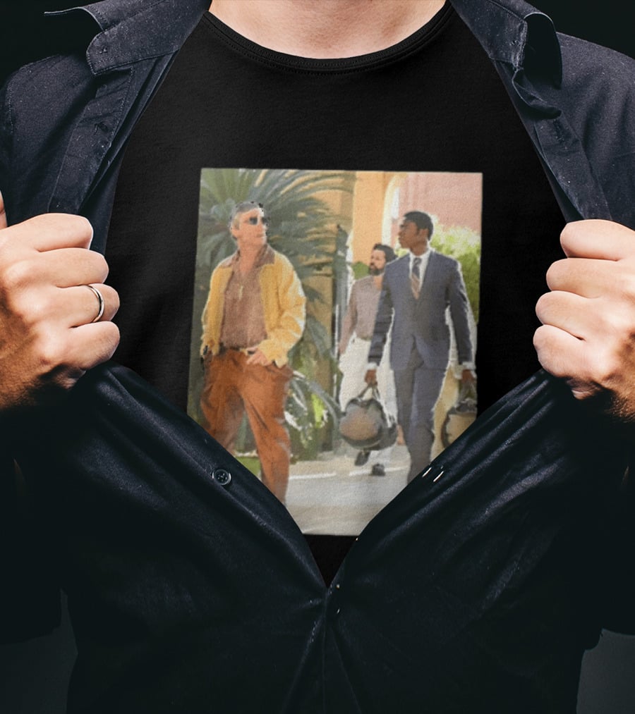 Men In Stylish Outfits Walking Outdoors With Bags T-Shirt