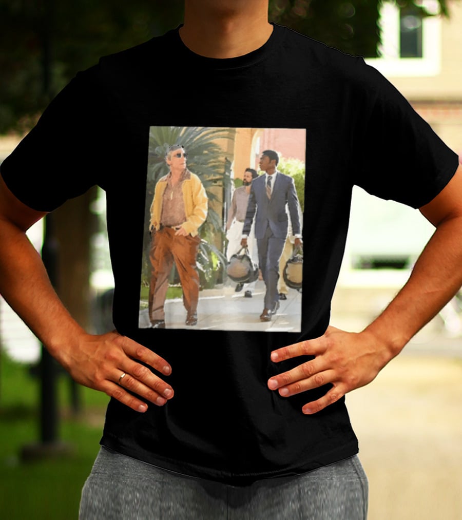 Men In Stylish Outfits Walking Outdoors With Bags T-Shirt