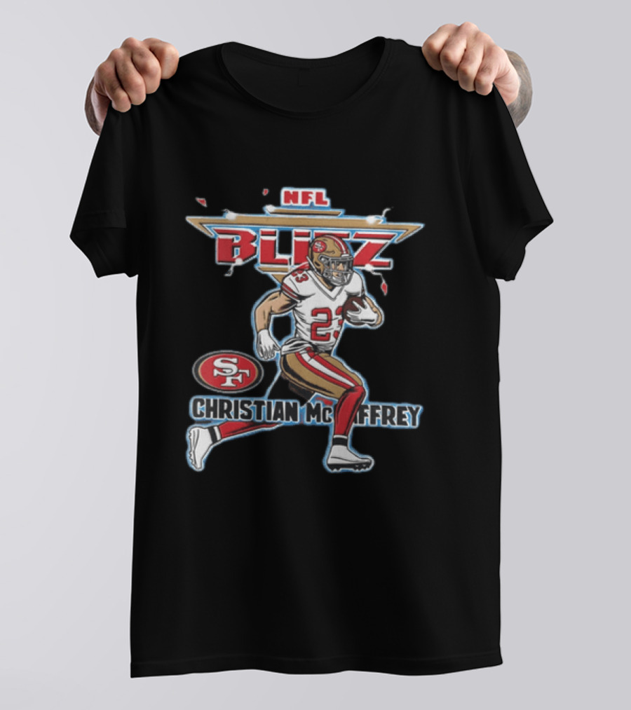 NFL Blitz 23 Christian McCaffrey San Francisco 49ers Football Player Running With Ball T-Shirt