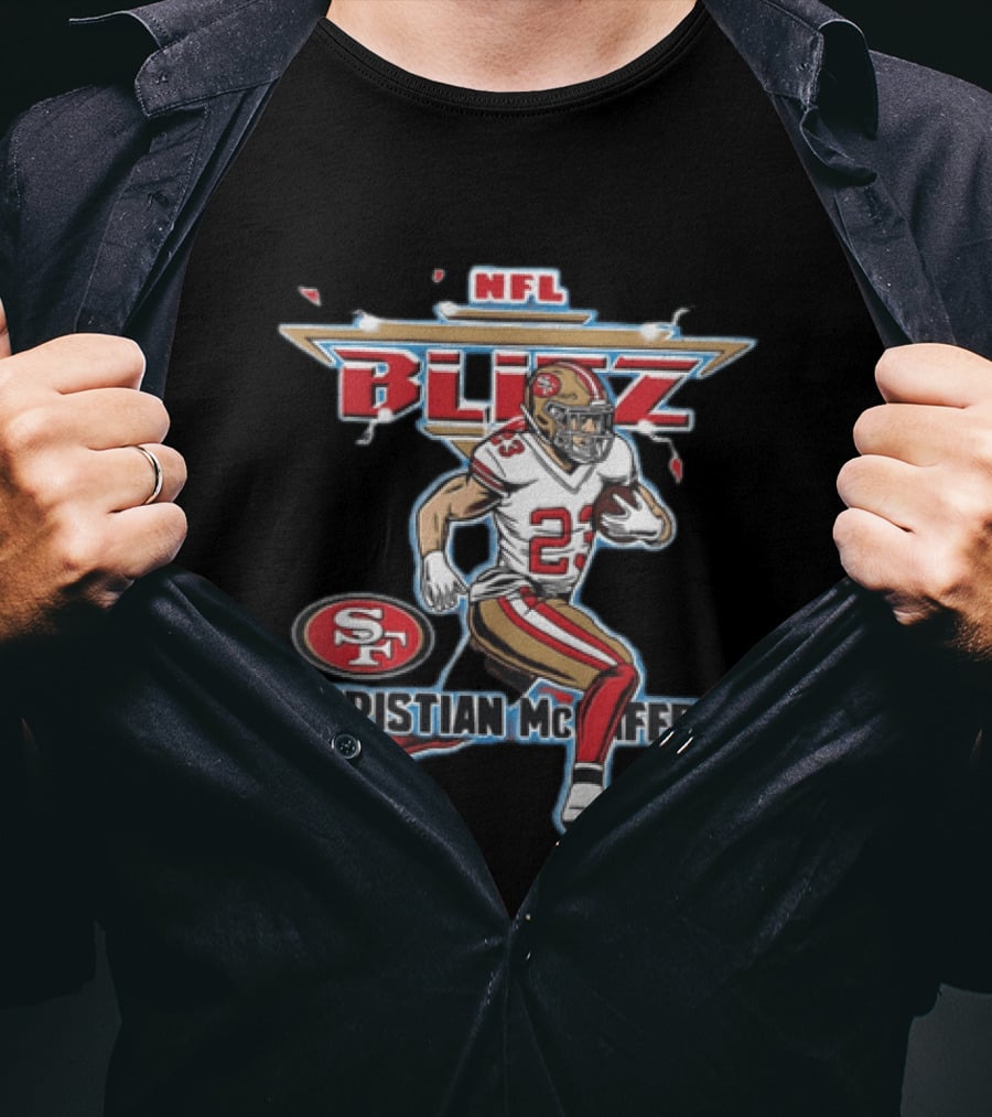 NFL Blitz 23 Christian McCaffrey San Francisco 49ers Football Player Running With Ball T-Shirt