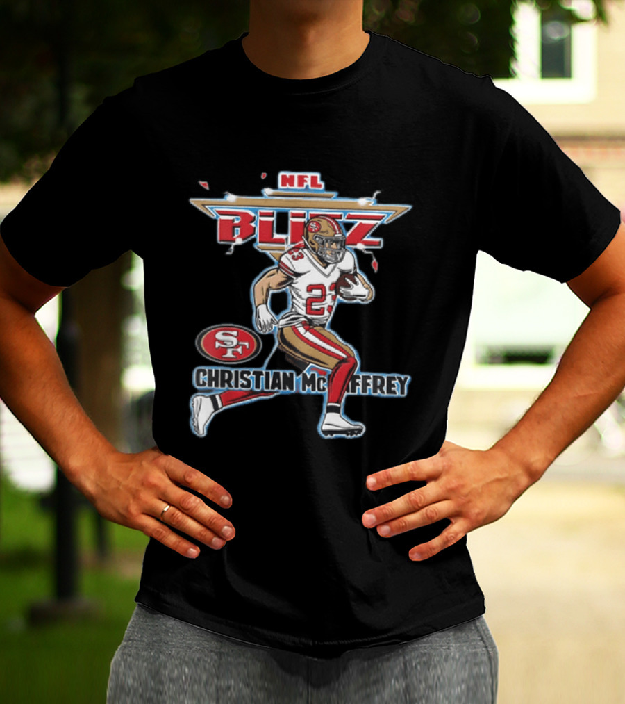 NFL Blitz 23 Christian McCaffrey San Francisco 49ers Football Player Running With Ball T-Shirt
