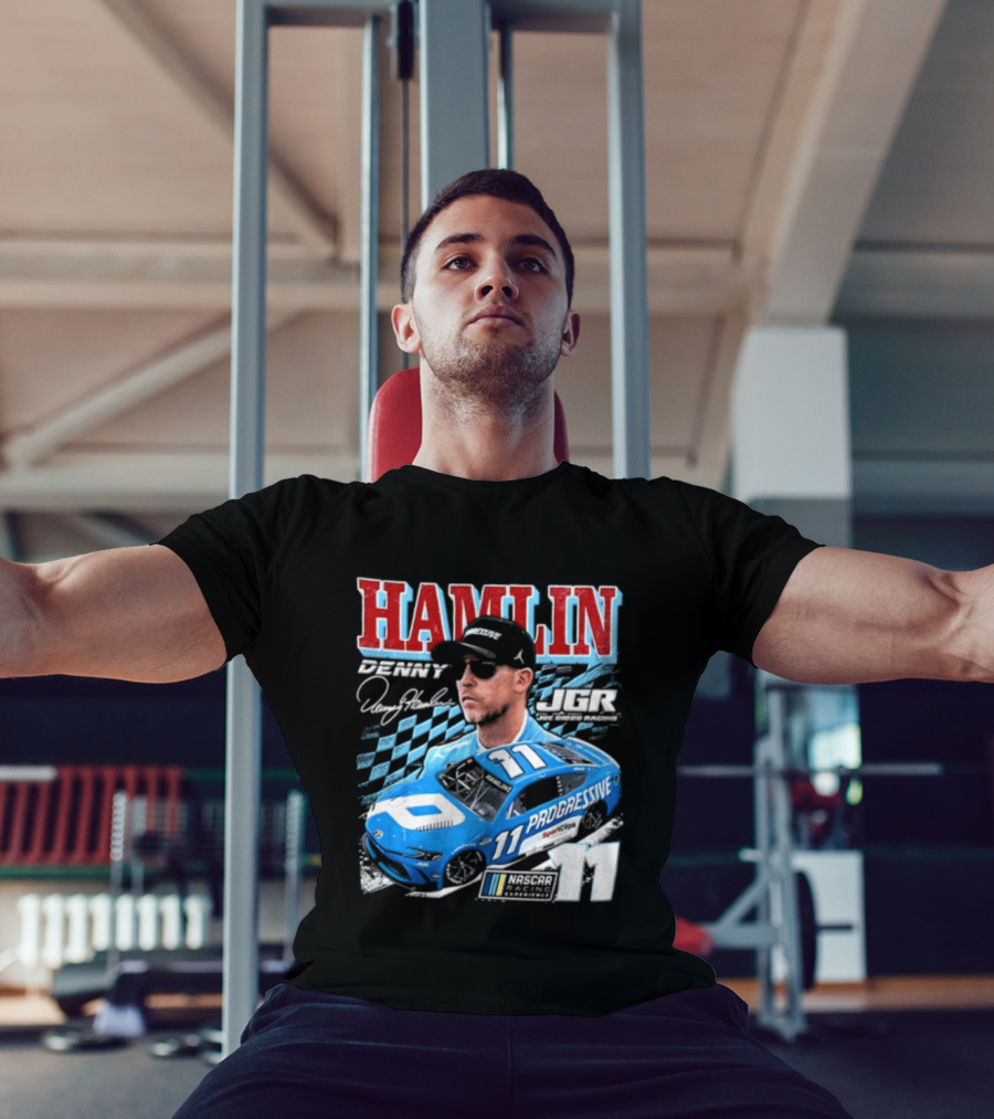 Denny Hamlin Joe Gibbs Racing NASCAR Progressive 11 Racer With Signature And Sunglasses T-Shirt