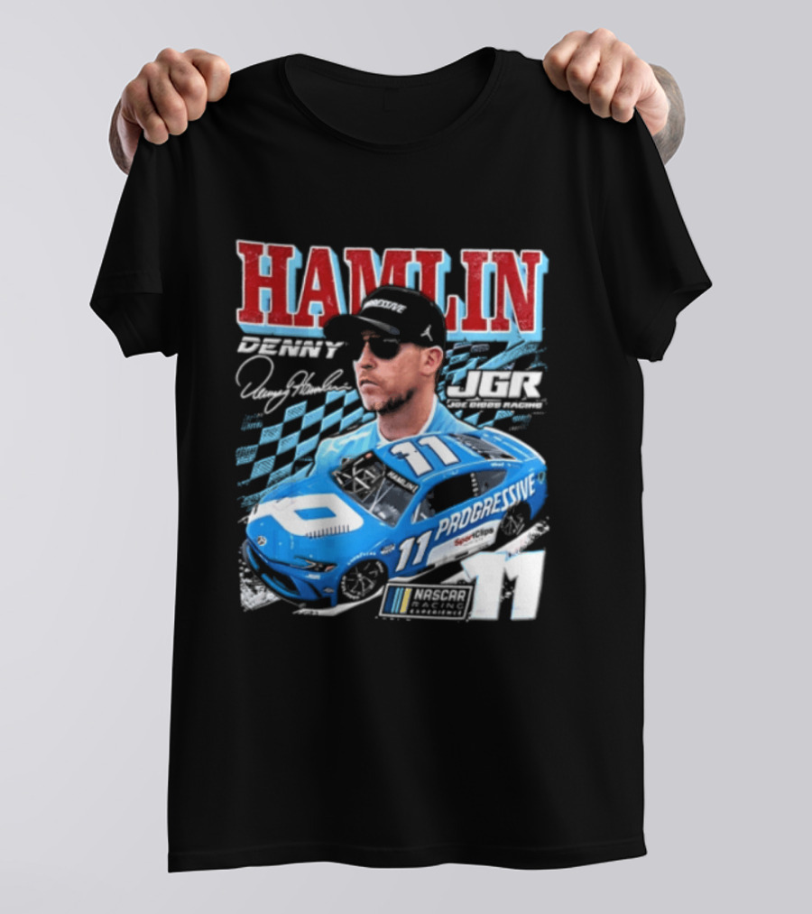 Denny Hamlin Joe Gibbs Racing NASCAR Progressive 11 Racer With Signature And Sunglasses T-Shirt